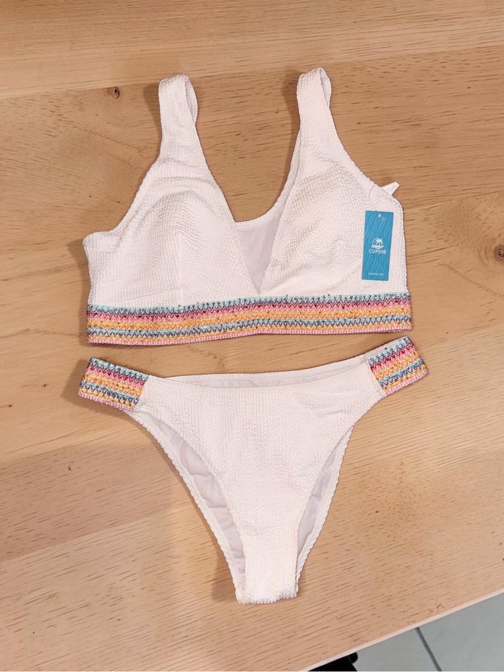 Cupshe White Textured Bikini Top with Rainbow Trim